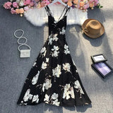 New Summer Fashion V-neck sleeveless off shoulder Dress high waist pleated waist print mid-length A-line