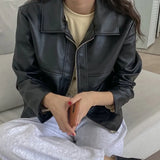 Korean Fashion Faux Leather Jacket Ladies Autumn Winter 2021 Long Sleeve Turn Down Collar Streetwear Zipper PU Coat