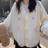 Version V-Collar Three-Dimensional Flower Bow Fashion Knitted Cardigan Autumn And Winter New Loose Lazy Sweet Sweater Girl-Outfit
