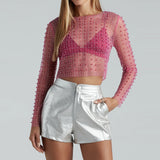 New Explosion Super Fairy Sexy Lace Jersey Bright Diamond Inside And Outside Wearing Mesh Long-Sleeved Top