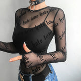 Toloer Letter Personality Print Perspective Sexy Mesh Long Sleeve T-Shirt Top Female-Outfit