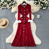Small Fragrant Wind Bumpy Round Collar Horn Sleeve Single Buckle Waist Knitted Dress Women Autumn Body Sweater