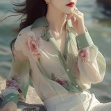 Toloer Green Floral Sunscreen Shirt Women 2025 Summer Extraordinary French Super Fairy Long-Sleeved Shirt Original Design