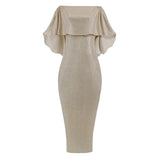 Toloer New Back Big Flounce Wrapped Chest One-Word Shoulder Dress Blingbling Wrap Buttock Slit Evening Dress-Outfit