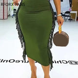 Women Elegant Solid Tank Sexy Sleeveless Tassel Side Decoration Bodycon Sexy Midi Party Dress-Outfit