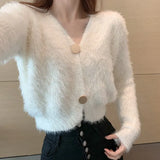 Fur Knit Cardigan Thin Sweater Coat Long Sleeve V-Neck Button Outfit Women Korean Cute Solid Pink White Crop Top