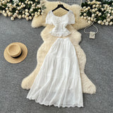Temperament Wears A Female Waist-Waisted Collar Bubble Sleeve Shirt High-Waisted Embroidered Half-Dressed Skirt Holiday Style
