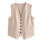 Toloer 2023 Summer V-Neck Solid Color Single Breasted Vest High Waist Wide-Leg Pants Shorts Set 9ZS2251-Outfit