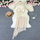 Toloer Ins Vacation Style Suit Female Design Sense Bikini Hanging Neck Vest Versatile Tassel Skirt Knit Two