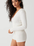 Women's Vintage Knit 2Pieces Set Long Sleeve Hooded V-Neck Pullovers Sweater+ Low Waist Shorts Aesthetic Outfits Suit-Outfit