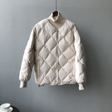 Autumn winter down jacket women fashion covered button o neck full sleeve diamond lattice oversize warm coat parka