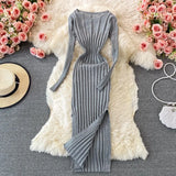 Women Korean Knitted Dress Long Sleeve O Neck Elastic Slim Pencil Dress Autumn Winter Sexy Bodycon Split Sweater