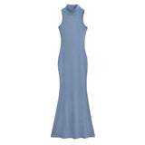 Trendy Women's Dress Is Full Of Style, Elastic, Slim, Half-High Collar, Sleeveless Vest, Long Skirt, Buttocks, Fishtail Dress-Outfit