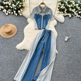 Dress A Complete Set Of Women's Casual Retro Lap-Fleeled Fake Two Short-Sleeved Tops High-Waisted Spliced Denim Broad-Legged