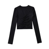 Fashion Women's Fashion Spring New Sexy Spice Girl Slim And Thin T-Shirt With V-Collar Pleated Long Sleeves-Outfit