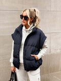 2024 New Women's Solid Color Zip Pocket Cotton-Padded Jacket Vest Fashion Standing Collar Temperament Commuter Coat-Outfit