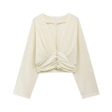 Decorative Short Top 2025 Spring Women's Long-Sleeved V-Neck Buckle Short