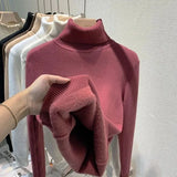 Velvet Turtleneck Pullovers Women Korean Fashion Lined Warm Sueter Knitted Slim Top Winter Jersey Knitwear Jumper