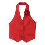 Toloer 2024 New Women's Flower Decoration Hanging Neck Solid Color Vest Wrap Hip Flower Skirt Suit-Outfit