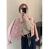 Toloer 2024 Korean Version Of Small Pink Denim Jacket Female Short Retro Casual Versatile Loose And Slim Jacket-Outfit