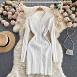 Women Sexy Sweater Dress Turndown-Collar Long Sleeves Elastic Pencil Dress Autumn Button Bodycon Stripe knitted