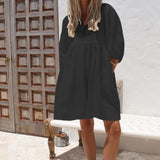 Toloer Spot 2024 Summer New Women Fashion Loose V-Neck Bubble Sleeve Cotton Linen Dress-Outfit