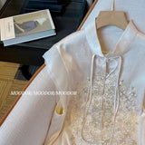 Chinese Style Jacquard Acetic Acid Vest Blouse Summer Temperament Standing Collar Horse Clip Heavy Industry Embroidered Sleeveless Blouse-Outfit