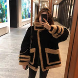 Fur Faux Fur Shaggy Coat Female Lamb Coats Fluffy Zipper Top Korean Fashion Large Pockets Velcro Stand Collar Bib Black