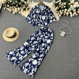 Women Summer Fashion Korean Two Piece Suits Short Sleeve Short Top+Wide Leg Long Pants Streetwear Ladies Suits Two Piece