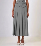 Buttoned Vest And Pleated Midi Skirt Two Piece Set-Outfit