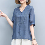 Clothing Cotton Hemp Women's 2023 New Short Sleeve T-shirt Summer V-Neck Graphic Fashion Elegant Loose Vintage Tops-Outfit