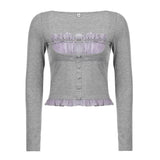 Korean Cute Y2K Retro Cotton Tops Lace Patchwork Buttons Kawaii Tshirts Autumn Square Collar Chic Casual