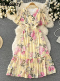 Women Summer Pleated Print Dress 2022 Vacation Ruffle Floarl Gentle Short Sleeves Ladies Slim A Line Long Dresses