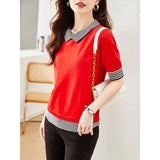 Toloer Photo Doll Collar Jacket Female Summer Ice Silk Short-Sleeve T-Shirt False Two Striped Knit Half Sleeve Small Shirt-Outfit