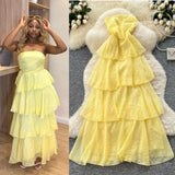 High-End Neckline Bow Tie Lantern Sleeve Lace Lace To Receive Waist Wave Dot Skirt Chiffon