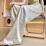 New Chinese Style Jacquard Tray Buckle Satin Casual Pants Female 2024 Spring National Wind High Waist Hanging Feeling Straight Tube Wide Leg Pants-Outfit