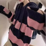 Wind Hooded Striped Sweater Women's 2024 Spring And Autumn New Large Size Thin Loose Age Korean Knitted Blouse-Outfit