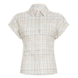 Cloth Forget British Wind Wood Ear V-Neck Check Shirt Temperament Waist Button Bubble Sleeve