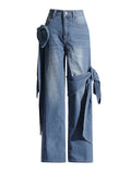 Toloer Style Hot Girl Jeans 2024 New Stereo Band Design Sense Bow Straight Leg Jeans Women-Outfit