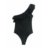 2022 Women Sexy Single Shoulder Cascading Ruffles Asymmetric Slim Bodysuits Ladies Summer Beach Wear Chic