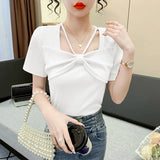 Women's Summer Pullover Halter Square Collar Screw Thread Solid Color Bow Short Sleeve T-shirt Korean Fashion Office Lady Tops 1028-0-Outfit