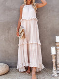 Women Solid Long Dresses Summer Casual Loose Sleeveless Hollow Tie-Up Dress Female Beach Party Ruffle Maxi Dresses Elegant