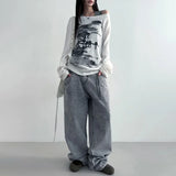 Autumn 2024 New Women's Sexy Hottie Side-Shoulder Loose Art Print Long-Sleeved