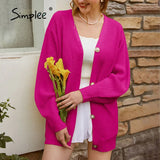 Simplee Casual v-neck knitted cardigan women Autumn winter lantern sleeve button female cardigan Fashion ladies oversize