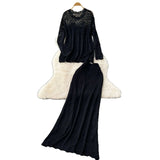 Wind High-End Sleek Crochet Knitting Set Of Women's Round Collar Long Sleeve Blouse High-Waisted Hip