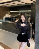 Shirts Women Lace Patchwork Hollow Out Long Sleeve Winter Fashion Slim Crop Tops Female Blouse French Style Chic-Outfit