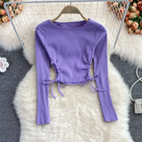 Women Fashion Korean Blouse Design Hollow Waist Long Sleeve O Neck Slim Tops Autumn Chic Streetwear Short Blouses