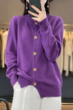 Spring And Autumn New Round Collar Simple Pure Color Temperament Commuting Color Square Buckle Loose Casual Sweater Knitting Cardigan-Outfit