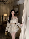 Two Piece Set Women Slash Neck Drawstring Flower Blouse Halter Shirts High Waist Puffy Layered Mini Skirts Solid Crop Top-Outfit