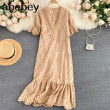 Neck Long Sleeve Pleated Femme Long Dresses lace pink A Line Sexy Vacation Dress Ruffles Vestido